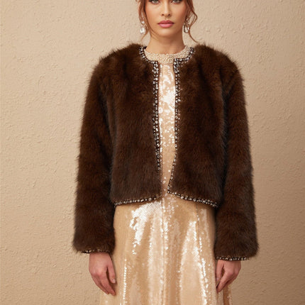 Shiloh Brown Faux Fur Ombre Coat with Crystal Embellished Edges