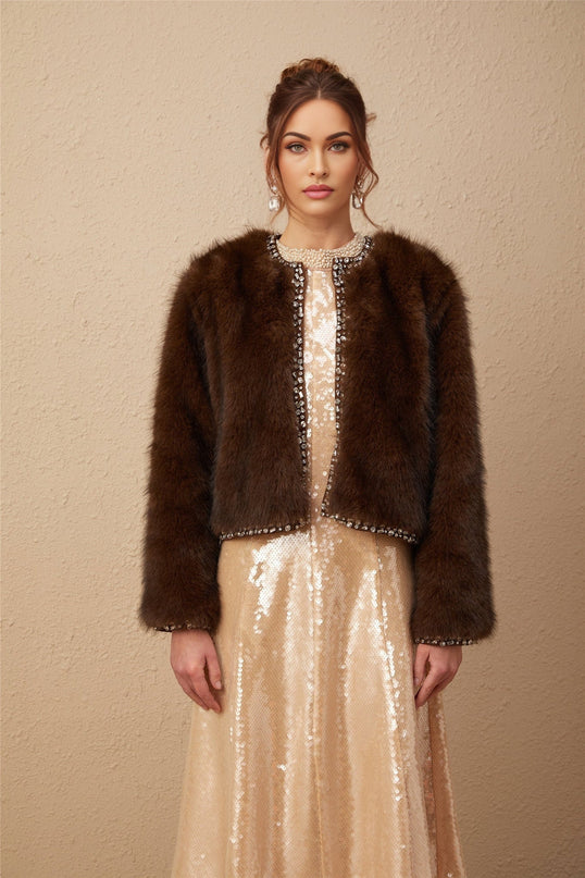 Shiloh Brown Faux Fur Ombre Coat with Crystal Embellished Edges