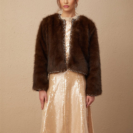 Shiloh Brown Faux Fur Ombré Coat with Crystal Embellishments