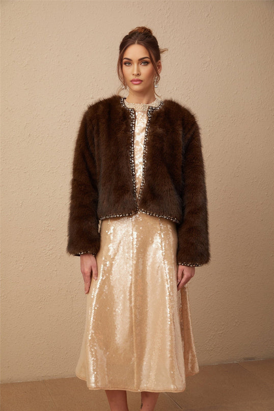 Shiloh Brown Faux Fur Ombré Coat with Crystal Embellishments