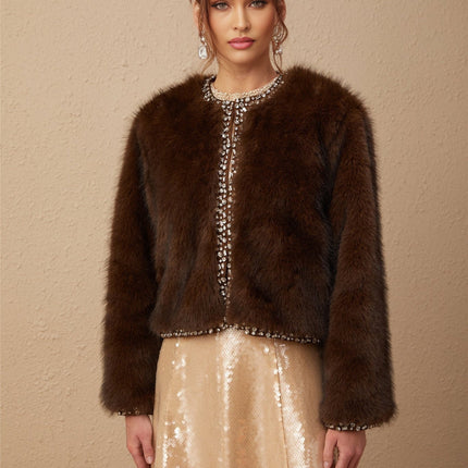 Shiloh Brown Faux Fur Ombre Coat with Crystal Embellishments