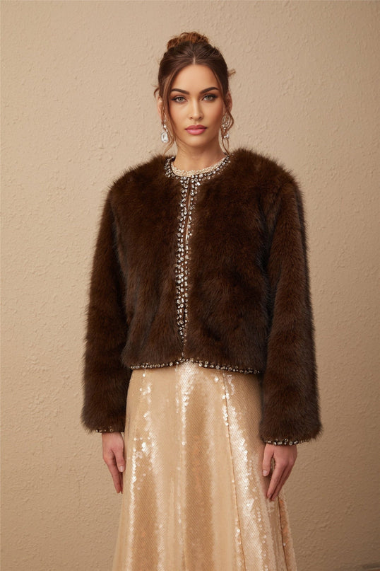 Shiloh Brown Faux Fur Ombre Coat with Crystal Embellishments