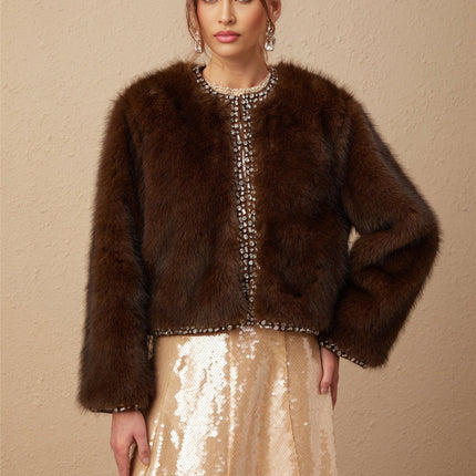 Shiloh Brown Faux Fur Ombre Coat with Crystal Embellishments