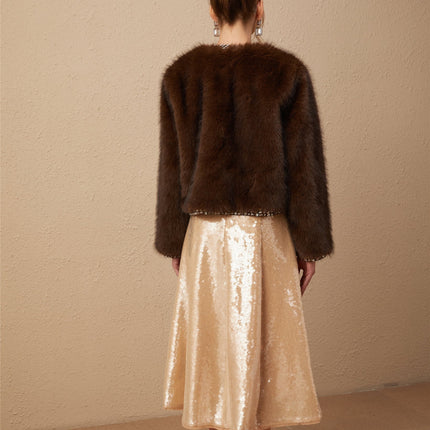 Shiloh Brown Ombre Faux Fur Coat with Crystal Embellishments