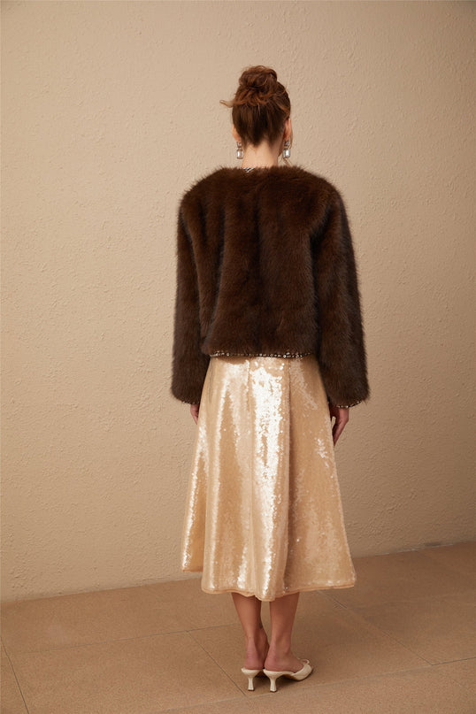 Shiloh Brown Ombre Faux Fur Coat with Crystal Embellishments
