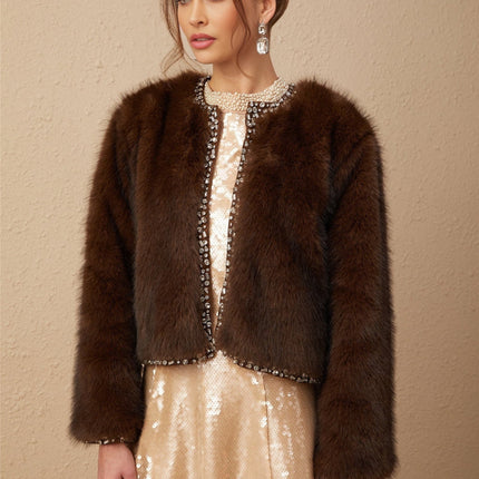 Shiloh Brown Ombre Faux Fur Coat with Crystal Embellishments