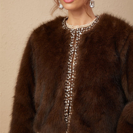 Shiloh Brown Ombré Faux Fur Coat with Crystal Embellishments