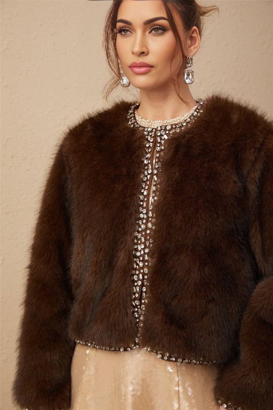 Shiloh Brown Ombré Faux Fur Coat with Crystal Embellishments