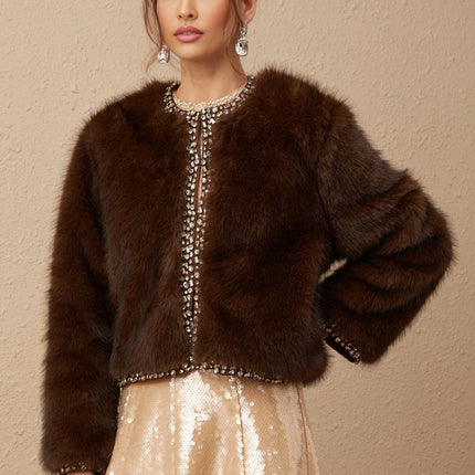 Shiloh Brown Ombre Faux Fur Coat with Crystal Embellishments