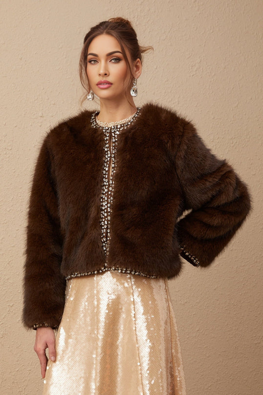 Shiloh Brown Ombre Faux Fur Coat with Crystal Embellishments
