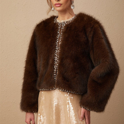 Shiloh Brown Ombre Faux Fur Coat with Crystal Embellishments