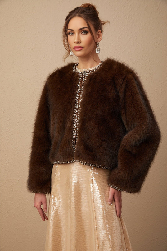 Shiloh Brown Ombre Faux Fur Coat with Crystal Embellishments
