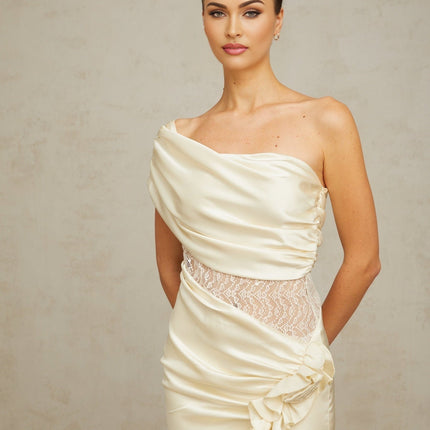 Shiloh Mini Dress in Neutrals Satin One-Shoulder Sequin Ruched Lace Paneling Thigh-Length