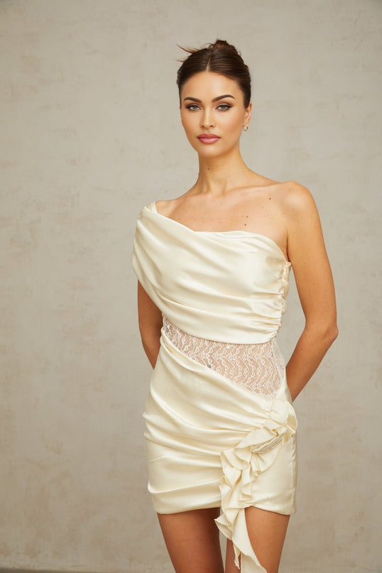 Shiloh Mini Dress in Neutrals Satin One-Shoulder Sequin Ruched Lace Paneling Thigh-Length