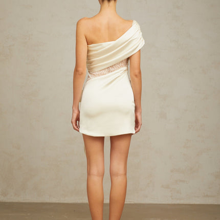 Shiloh Mini Dress Neutrals Satin One-Shoulder Sequin Ruched Lace Paneling
