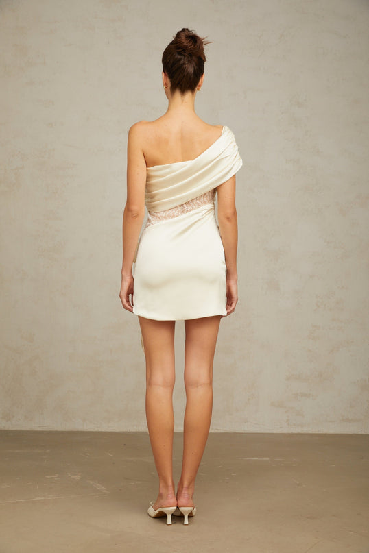 Shiloh Mini Dress Neutrals Satin One-Shoulder Sequin Ruched Lace Paneling
