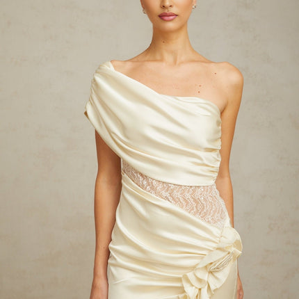 Shiloh Mini Dress Neutrals Satin Sequin Embellished One-Shoulder Asymmetric Thigh-Length Lace Paneling Ruched Draped Design Side Zip Terylene Fiber