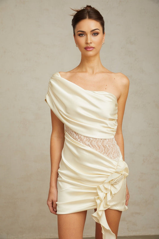 Shiloh Mini Dress Neutrals Satin Sequin Embellished One-Shoulder Asymmetric Thigh-Length Lace Paneling Ruched Draped Design Side Zip Terylene Fiber