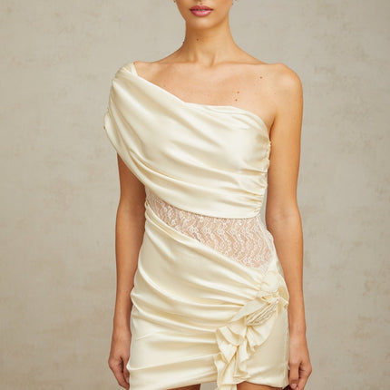 Shiloh Mini Dress Neutrals Satin Sequin Lace Ruched Draped Thigh-Length Terylene Fiber