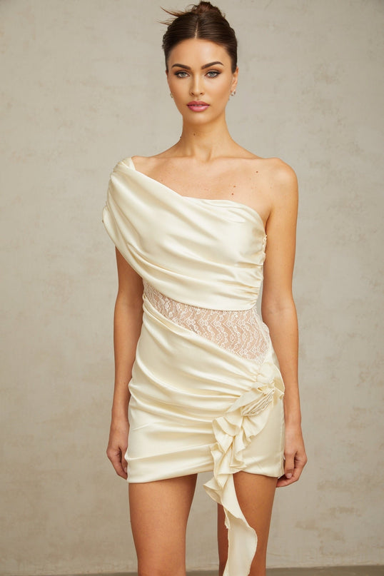 Shiloh Mini Dress Neutrals Satin Sequin Lace Ruched Draped Thigh-Length Terylene Fiber