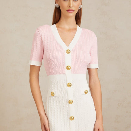 Shiloh Pink Ribbed Knit V-Neck Mini Dress with Gold-tone Buttons and Faux Pocket Detailing