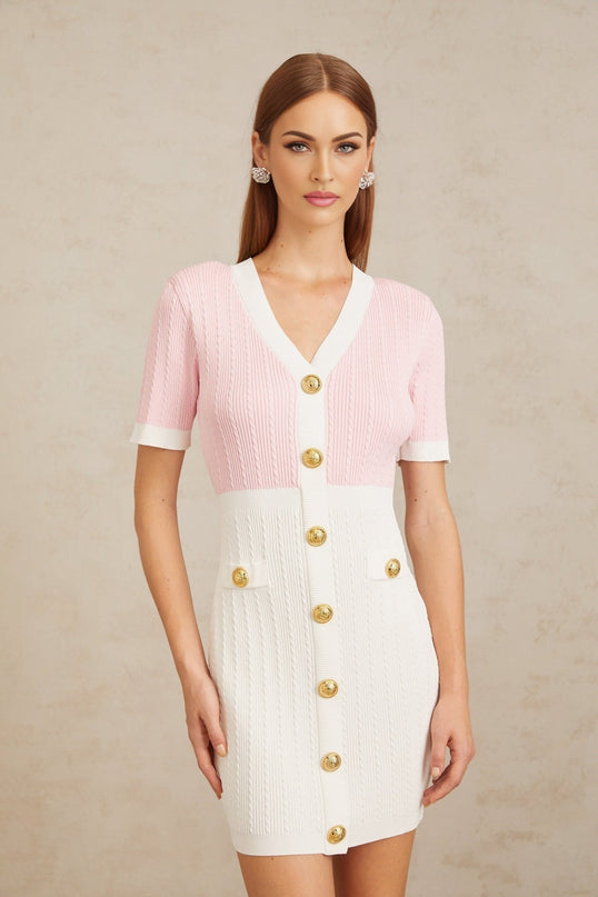 Shiloh Pink Ribbed Knit V-Neck Mini Dress with Gold-tone Buttons and Faux Pocket Detailing
