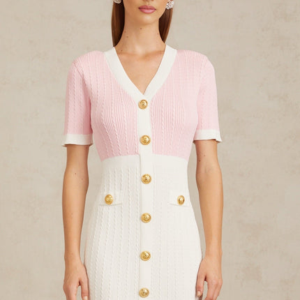 Shiloh Pink V-Neck Ribbed Knit Mini Dress with Gold Buttons and Faux Pockets