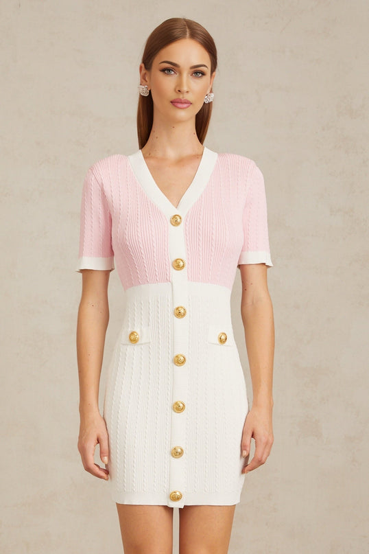 Shiloh Pink V-Neck Ribbed Knit Mini Dress with Gold Buttons and Faux Pockets