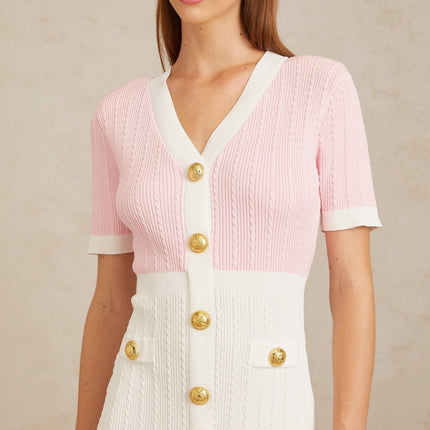 Shiloh Pink V-Neck Ribbed Knit Mini Dress with Gold Buttons and Faux Pockets