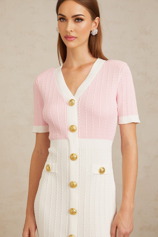 Shiloh Pink V-Neck Ribbed Knit Mini Dress with Gold Buttons and Faux Pockets