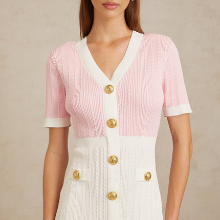Shiloh Pink V-Neck Ribbed Knit Mini Dress with Gold Buttons