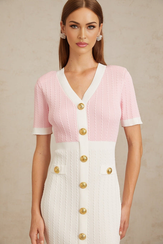 Shiloh Pink V-Neck Ribbed Knit Mini Dress with Gold Buttons