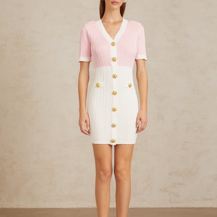 Shiloh Pink V-Neck Ribbed Knit Mini Dress with Gold Buttons and Faux Pockets