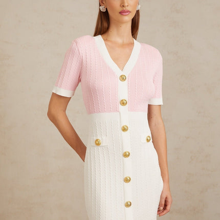 Shiloh Pink V-Neck Ribbed Knit Mini Dress with Gold-Tone Buttons and Faux Pockets
