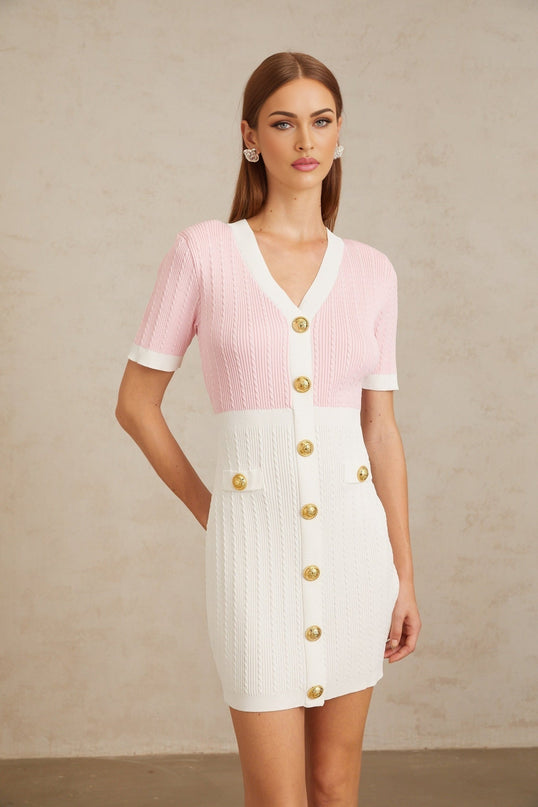 Shiloh Pink V-Neck Ribbed Knit Mini Dress with Gold-Tone Buttons and Faux Pockets