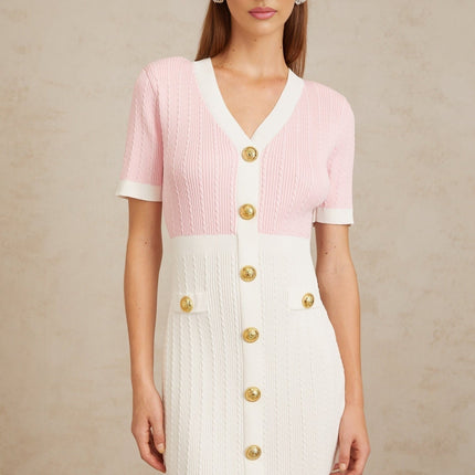 Shiloh Pink V-Neck Ribbed Knit Mini Dress with Gold Buttons and Faux Pockets