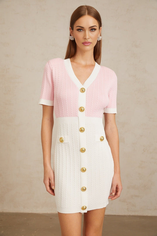 Shiloh Pink V-Neck Ribbed Knit Mini Dress with Gold Buttons and Faux Pockets