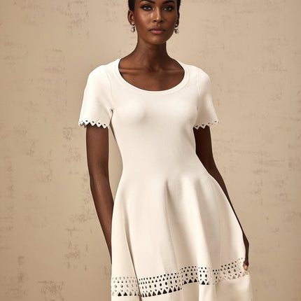 Shiloh White Knitted Cut-Out Mini Dress Scalloped Hem Flared Skirt Short Sleeves