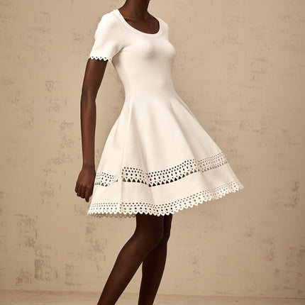 Shiloh White Knitted Cut-Out Mini Dress with Scalloped Hem