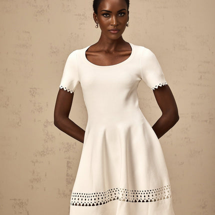 Shiloh White Knitted Cut-Out Mini Dress with Scalloped Hem