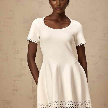 Shiloh White Knitted Cut-Out Mini Dress with Scalloped Hem Flared Skirt Short Sleeves
