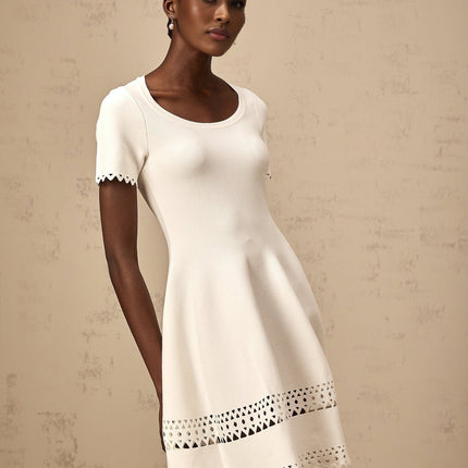 Shiloh White Knitted Cut-Out Mini Dress with Scalloped Hem Flared Skirt Short Sleeves
