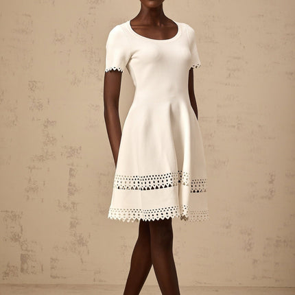 Shiloh White Knitted Cut-Out Mini Dress with Scalloped Hem and Flared Skirt