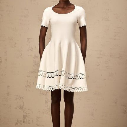 Shiloh White Knitted Mini Dress with Cut-Out Design and Scalloped Hem