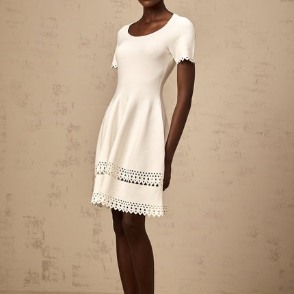 Shiloh White Knitted Mini Dress with Cut-Out Design and Scalloped Hem