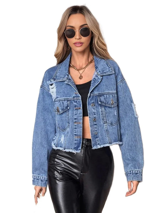 Sibilla Cropped Denim Jacket with Distressed Design in Blue - XS