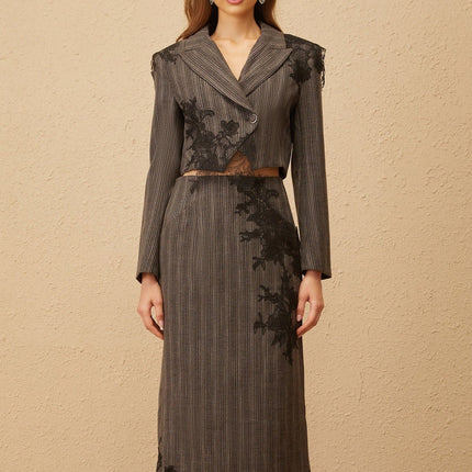 Sidonie wearing Grey Floral Appliqué Striped Blazer & Skirt Set
