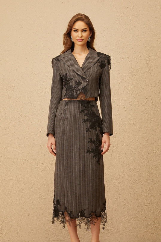 Sidonie wearing Grey Floral Appliqué Striped Blazer & Skirt Set