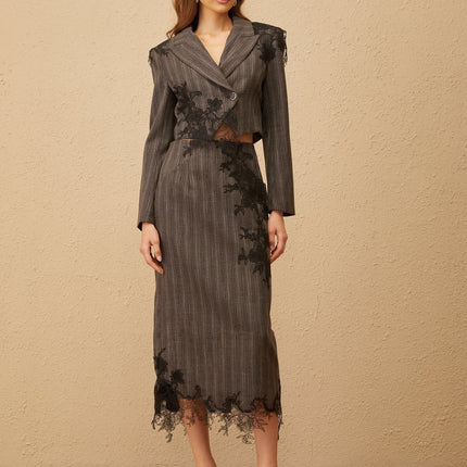 Sidonie Grey Floral Appliqué Striped Blazer & Skirt Set