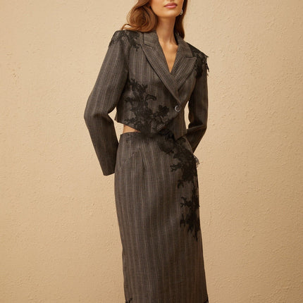 Sidonie wearing Grey Floral Appliqué Striped Blazer & Skirt Set